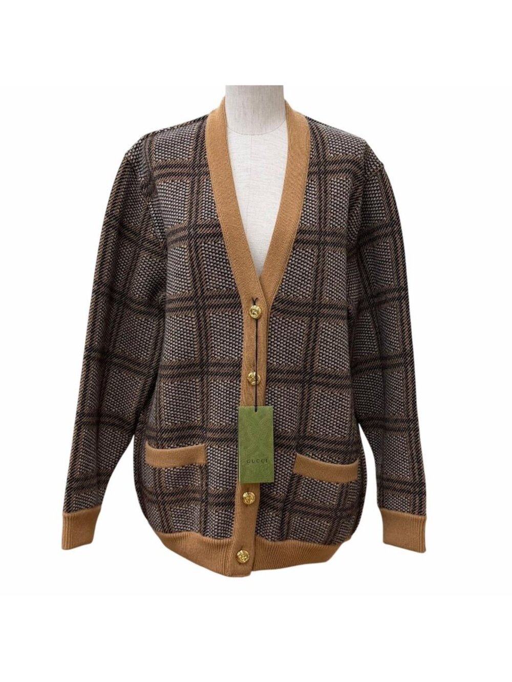 Gucci Wool Blend Reversible Check Jumbo GG Oversize Knit Cardigan Brown XS
